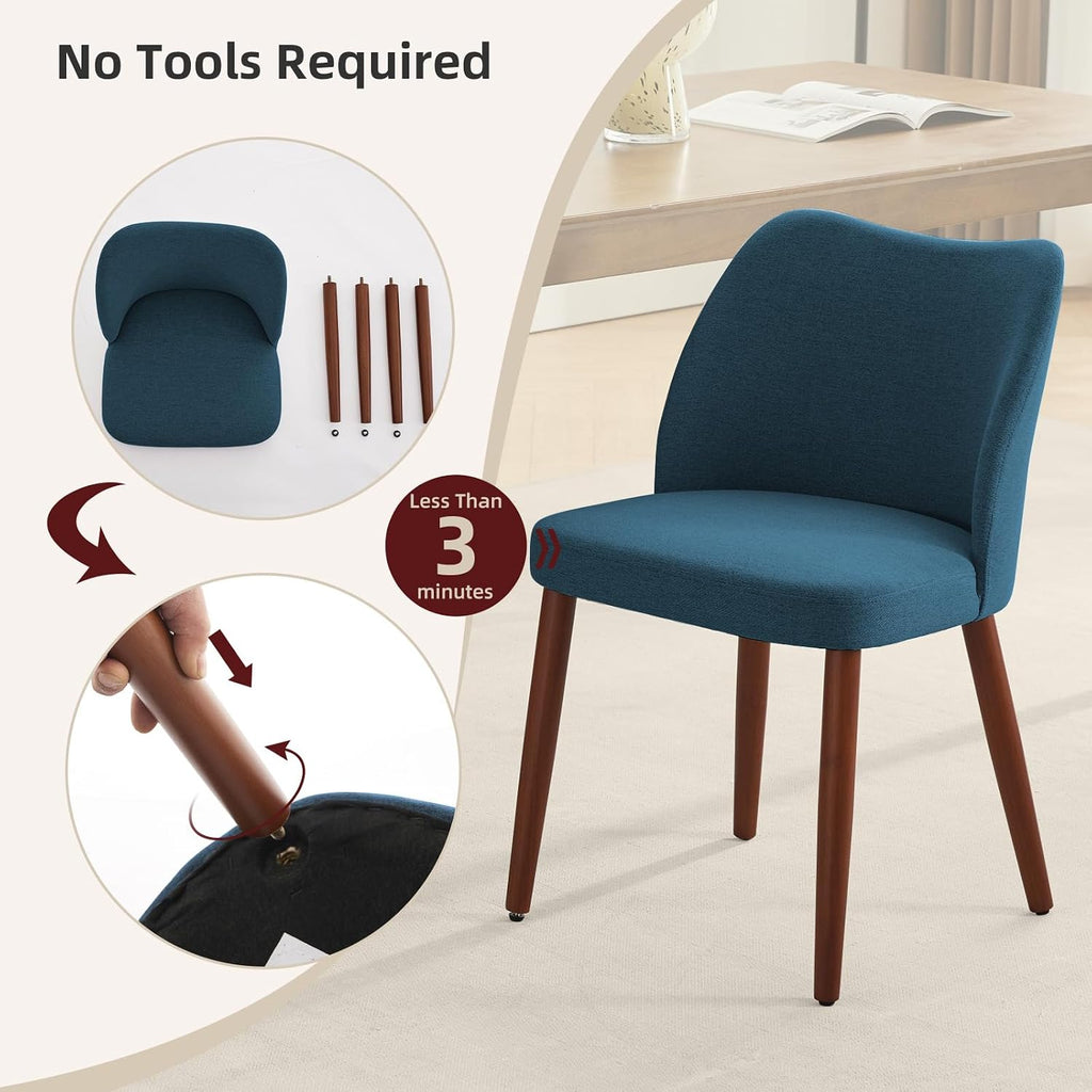GarveeHome Linen Dining Chairs Set of 2 Upholstered Fabric Dining Chair with Wood Legs, Wing Backrest, Wooden Kitchen Chairs with Thick Cushions, Leveling Feet for Dining Room, Living Room, Blue