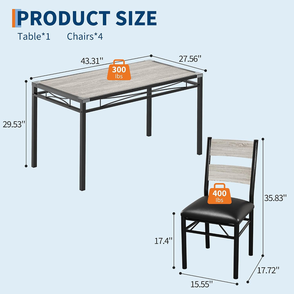 IDEALHOUSE Dining Table Set for 4, Dining Room Table Set for 4 with Corner Protector, Wood Kitchen Table and Chairs Set of 4 with Upholstered Chairs for, Kitchen Room, Apartment, Retro Gray