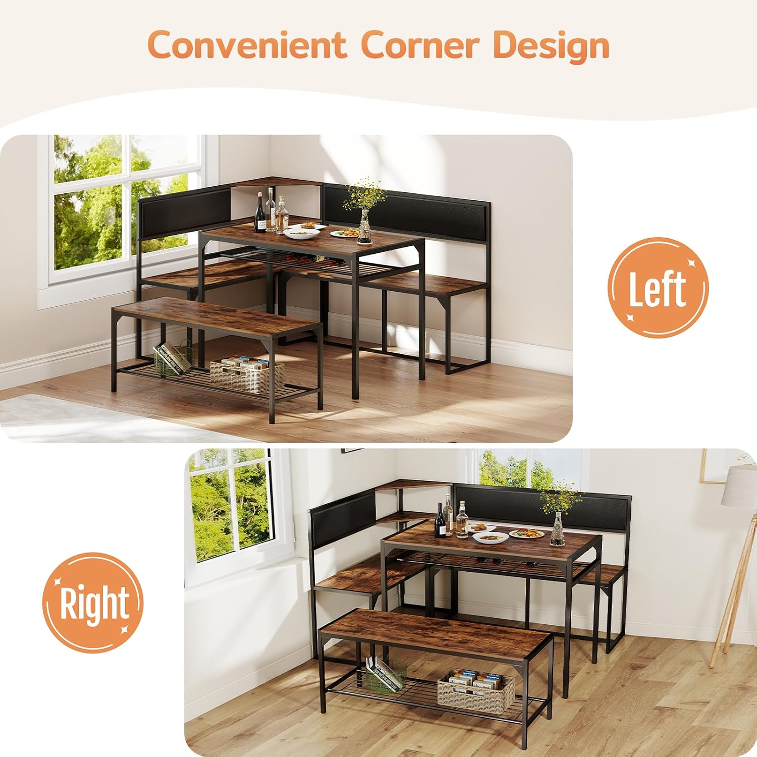Zevemomo Kitchen Breakfast Nook Table Set for 4-6, Corner Dining Table Set with Charging Port, L-Shaped Corner Kitchen Table with Storage & Bench, Farmhouse Dining Table Set for Small Space, Brown