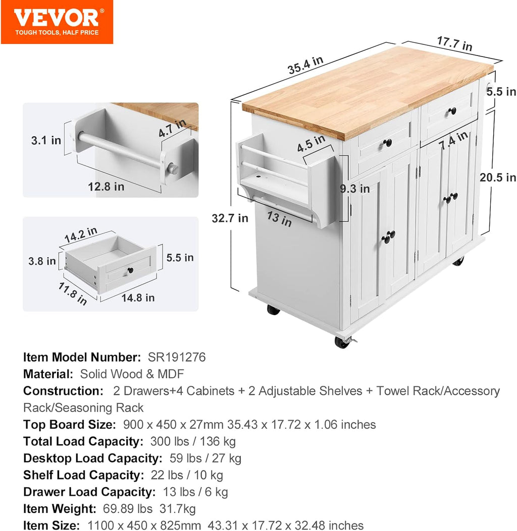 VEVOR Kitchen Island Cart with Solid Wood Top, 35.4' Width Mobile Carts with Storage Cabinet, Rolling Kitchen Table with Spice Rack, Towel Rack, and Drawer, Portable Islands on Wheels, White