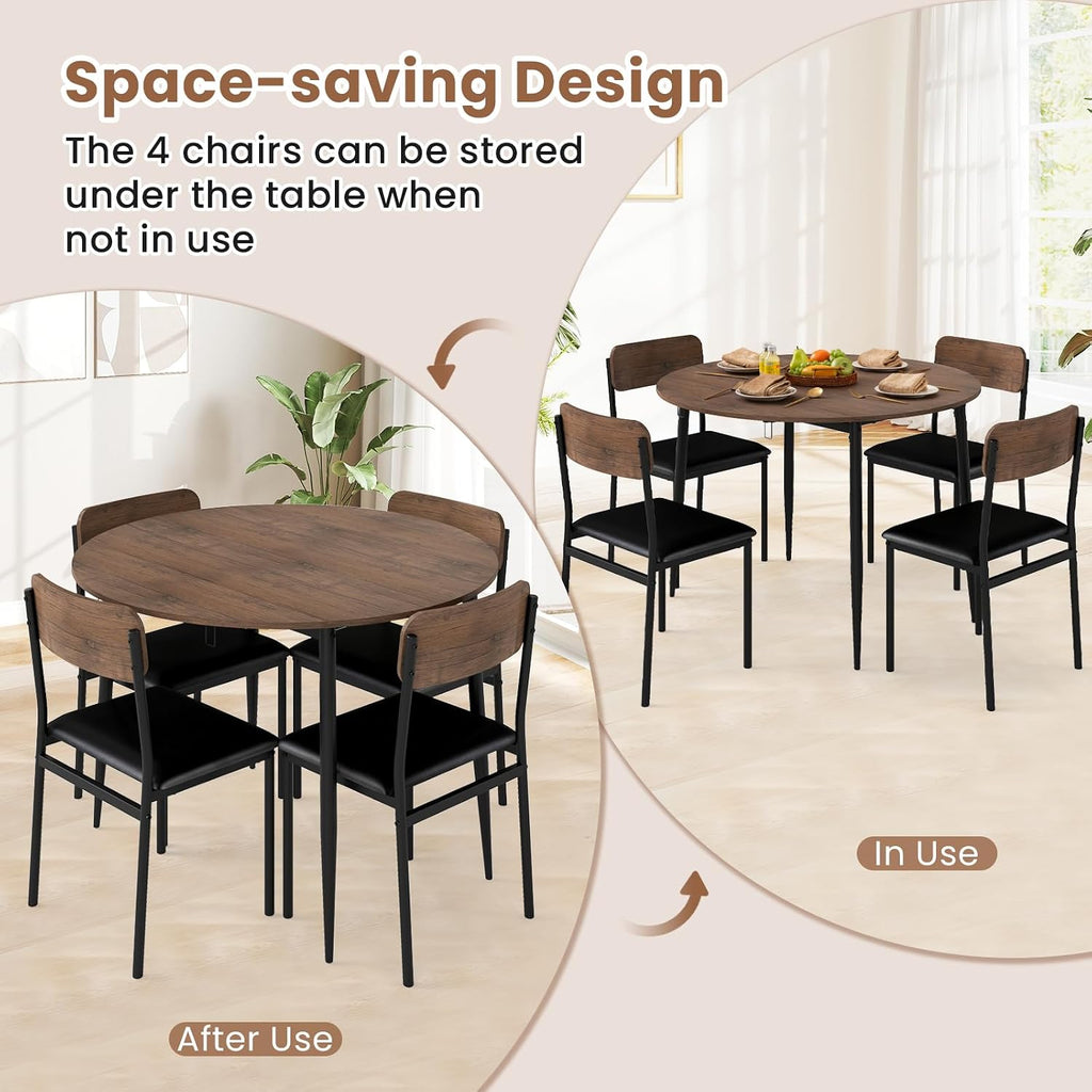 Giantex 5-Piece Dining Table Set for 4, 43.5' Round Kitchen Table and 4 Upholstered Dining Chairs with Drop Leaf Tabletop, Sturdy Metal Frame, Space Saving Farmhouse Dinette Set for Dinette Dinner