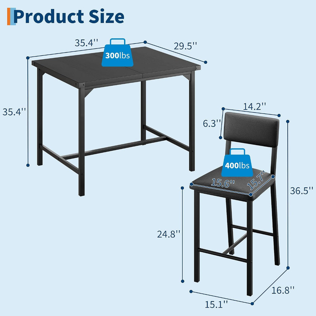 GarveeHome Dining Table Set for 2 with Corner Protector, Kitchen Table Set w/Footrest & Backrest, Counter Height Table with 2 Upholstered Bar Chairs, for Small Space, Retro Black