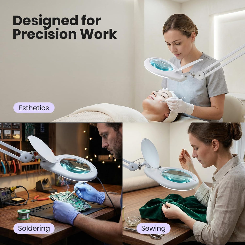 Neatfi Elite XL HD Super LED Magnifying Lamp – 7' Glass Lens, 5-Diopter, 6500K Daylight | Glare-Free, Adjustable Arm | Reading, Sewing & Crafting (White-3, 7-inch Lens, Non-CCT with Clamp)