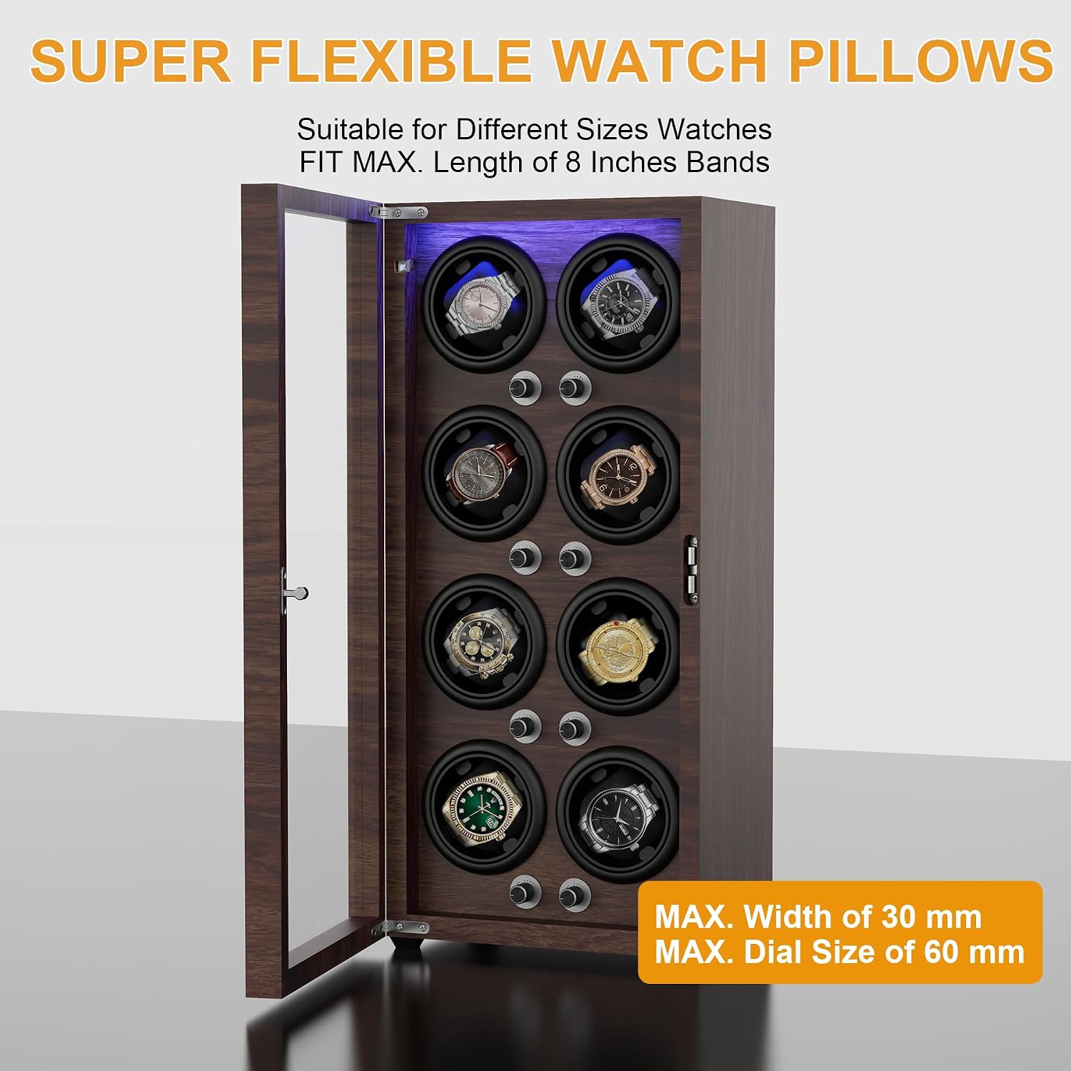 Watch Winder for Automatic Watches,Wooden Watch Rotating Case with LED Light,4 Rotation Modes,Elastic Watch Pillows Quiet Mabuchi Motor
