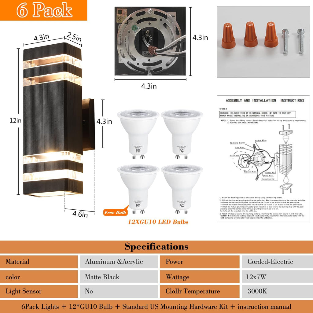 6 Pack Outdoor Lights, 14W IP65 3000K 1100LM Warm White Porch Lights, Aluminum for House Porch Patio Garage