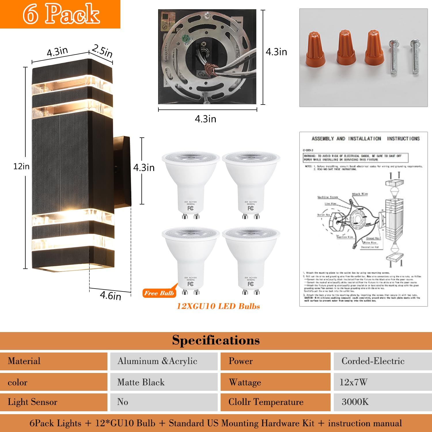 6 Pack Outdoor Lights, 14W IP65 3000K 1100LM Warm White Porch Lights, Aluminum for House Porch Patio Garage