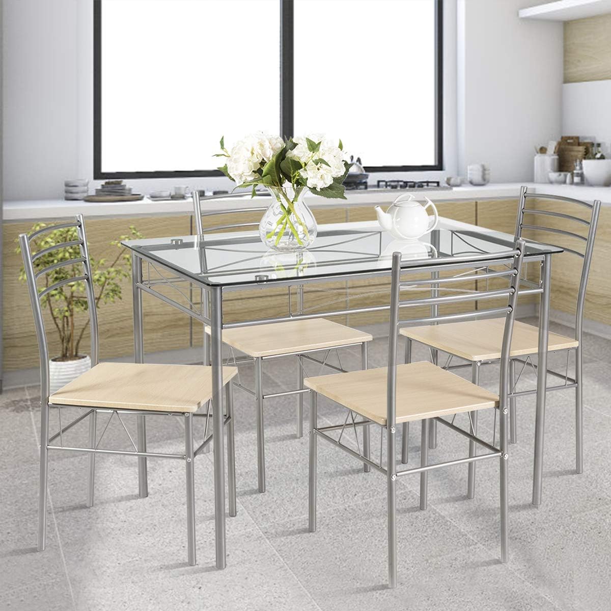 Giantex 5 Piece Dining Table Set, Kitchen Dining Set with Tempered Glass Table Top and 4 Chairs, Dinette Set for 4 for Breakfast Nook Dining Room Kitchen (Transparent)