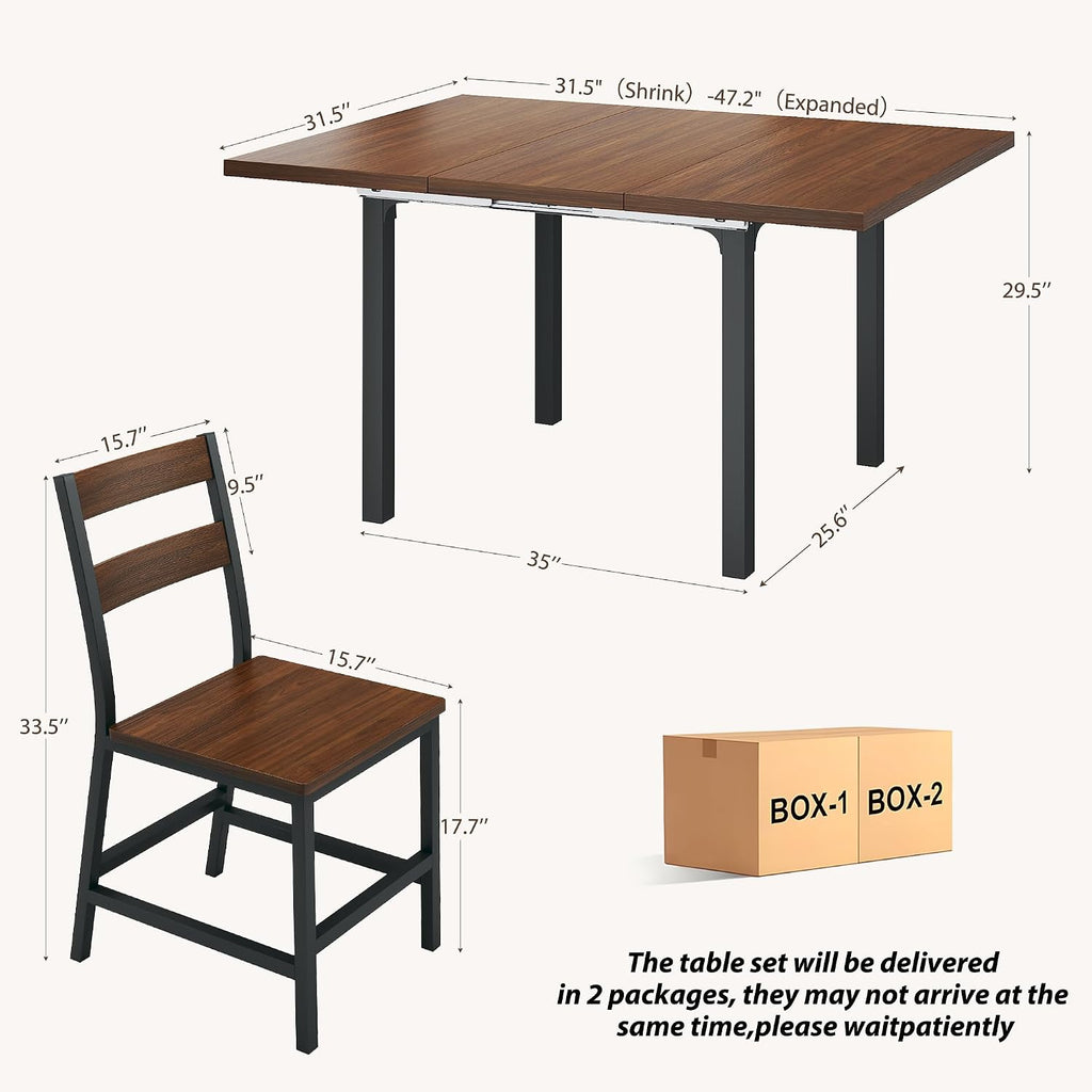 HUAHUU Extendable Dining Table Set for 4, Wood Kitchen Table with 4 Curved Backrest Chairs, Dining Room Table with MDF Board & Metal Frame, Saving Space for Small Apartment, Easy Assembly, Walnut