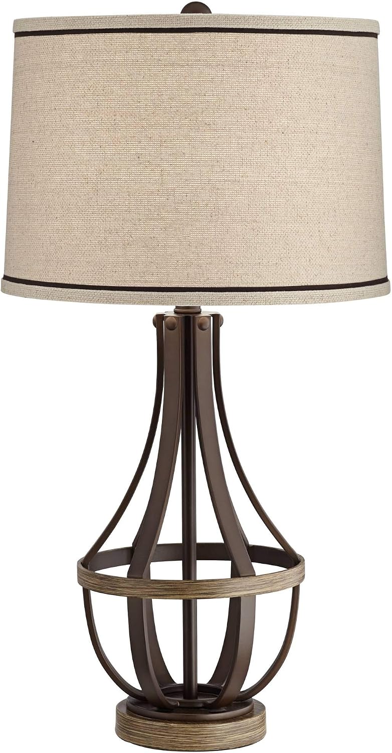 Franklin Iron Works Louanne Industrial Rustic Farmhouse Table Lamp 29' Tall Oil Rubbed Bronze Brown Metal Burlap Linen Drum Shade for Bedroom Living Room House Home Bedside Nightstand Office Family