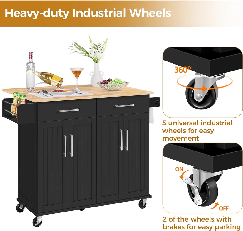 Yaheetech Kitchen Island Cart with Drop Leaf, 49' Rolling Island Table with Storage, Drawer, Kitchen Cart with Rubberwood Top, Detachable Towel & Spice Rack, Black