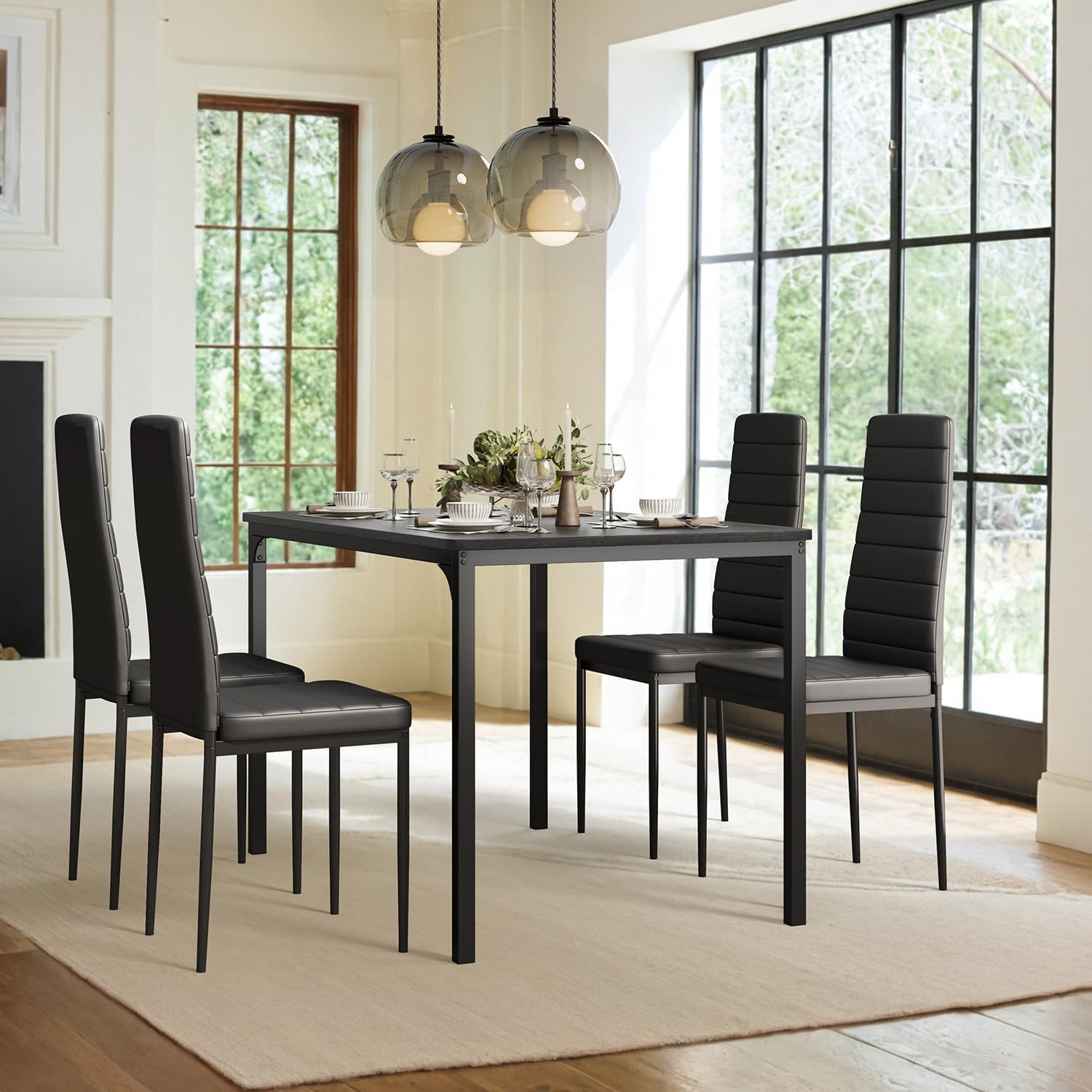 Gizoon Dining Table Set for 4, Kitchen Table Chairs Set of 4, 5 Piece Kitchen Table Set with 4 Upholstered PU Leather Chairs for Dining Room, Living Room, Apartment, Small Space, Black