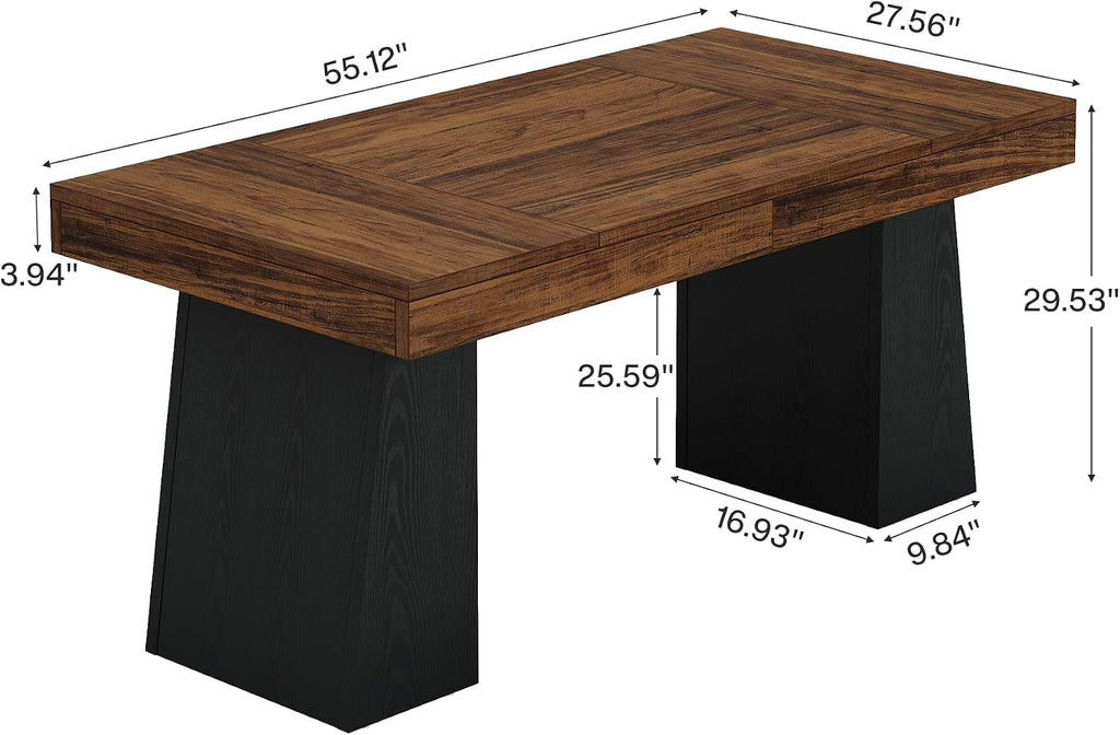 Tribesigns 55-Inch Dining Room Table for 4, Mid-Century Modern Dining Table with Double Pedstral, Rectangular Wood Kitchen Dinner Tables for Dining Room, Kitchen, Home, Black & Brown (Only Table)