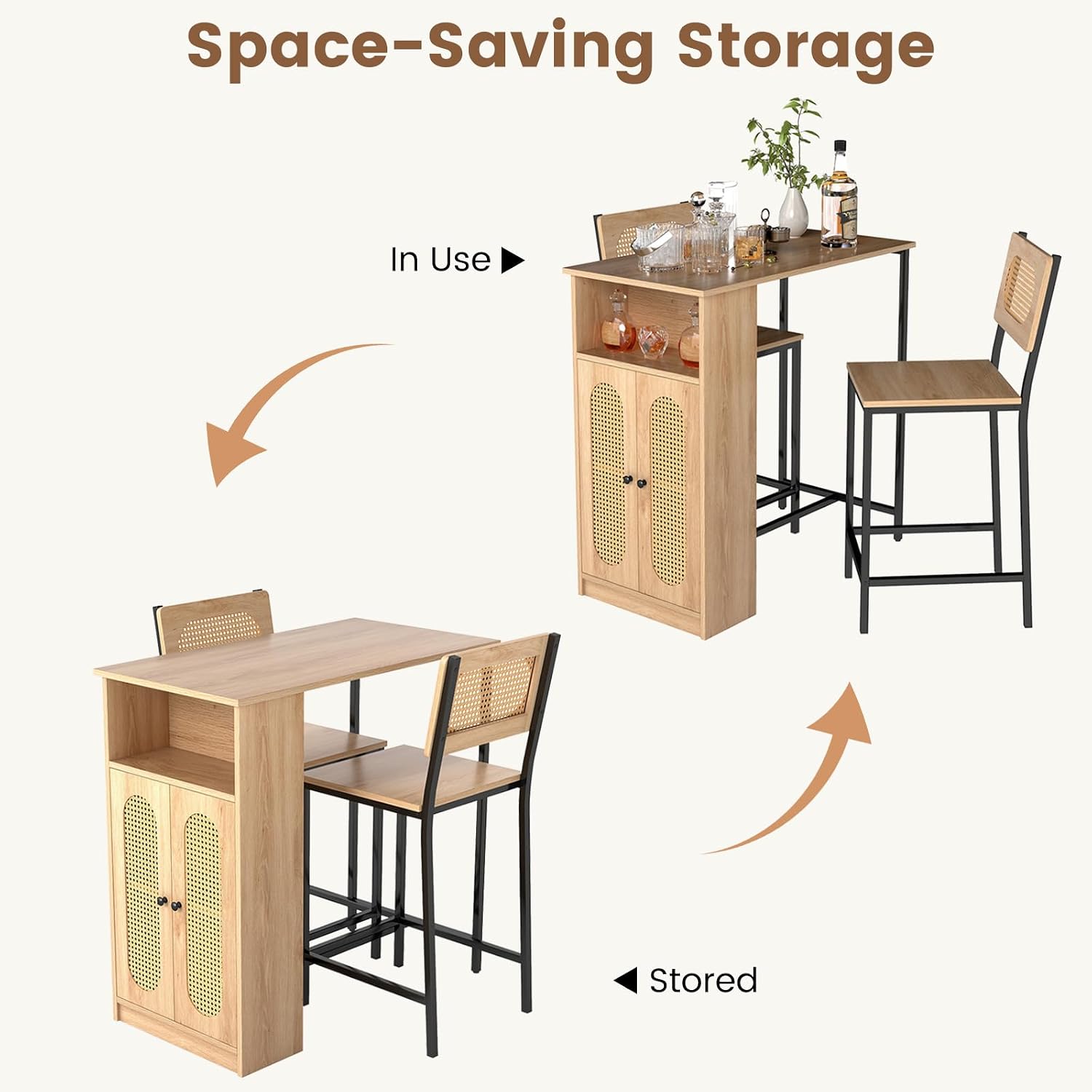 Giantex 3-Pcs Boho Rattan Dining Table Set for 2, Counter Height Bar Table with Storage Cabinet, Adjustable Shelf, 2 Bar Stools for Small Spaces, Dinette, Breakfast, Kitchen, Living Room, Apartment