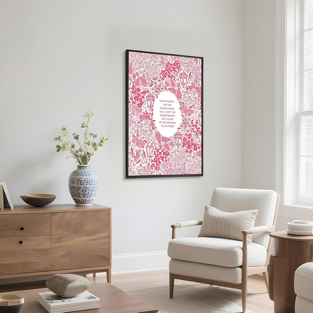 Black Framed Slow Down You're Doing Fine Music Posters Pink Motivational Quote Wall Art Vintage Floral Positive Daily Reminder Song Lyrics Canvas Print Aesthetic Bedroom Home Decor 24x36inch