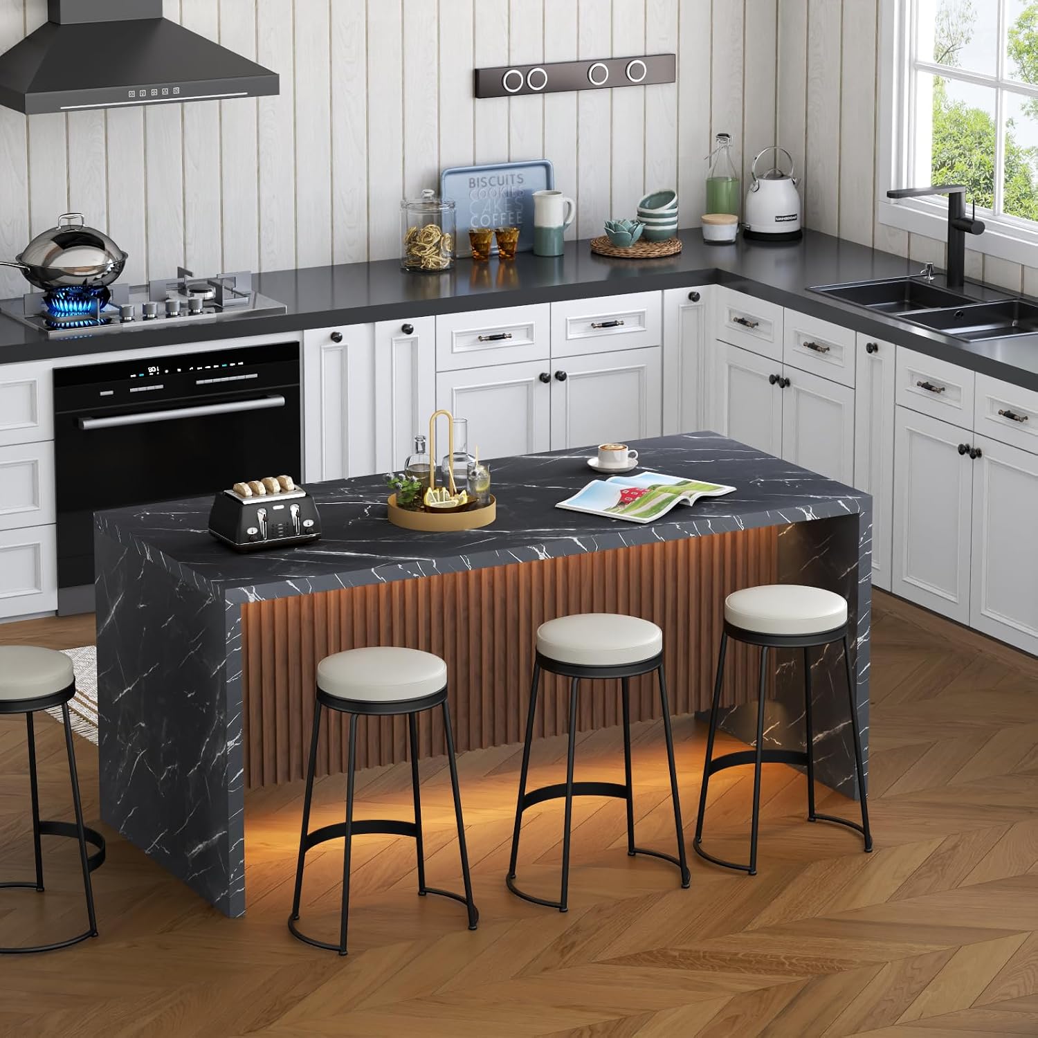 71' Large Imitation Marble Dining Table for 4-6 People, Island Table with LED Lights, Mordern Marble Stripes Kitchen Dining Table with Grille design for Dining Room, Home, Living Room (black)