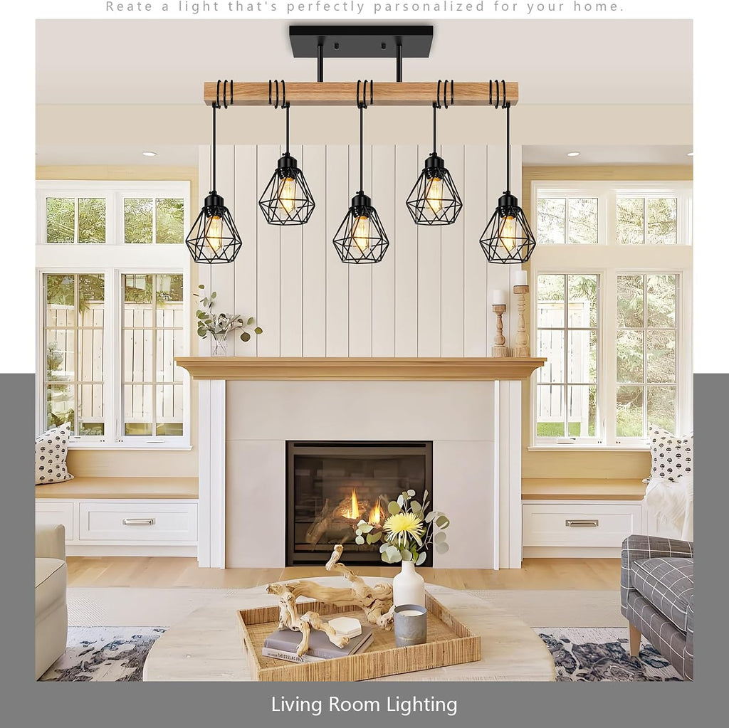 5-Lights Farmhouse Hanging Pendant Light, Dinng Room Light Fixtures for Kitchen Island Lighting Over Table, Black Rustic Wood Ceiling Pendant Lights with Metal Shade for Living Room, Foyer