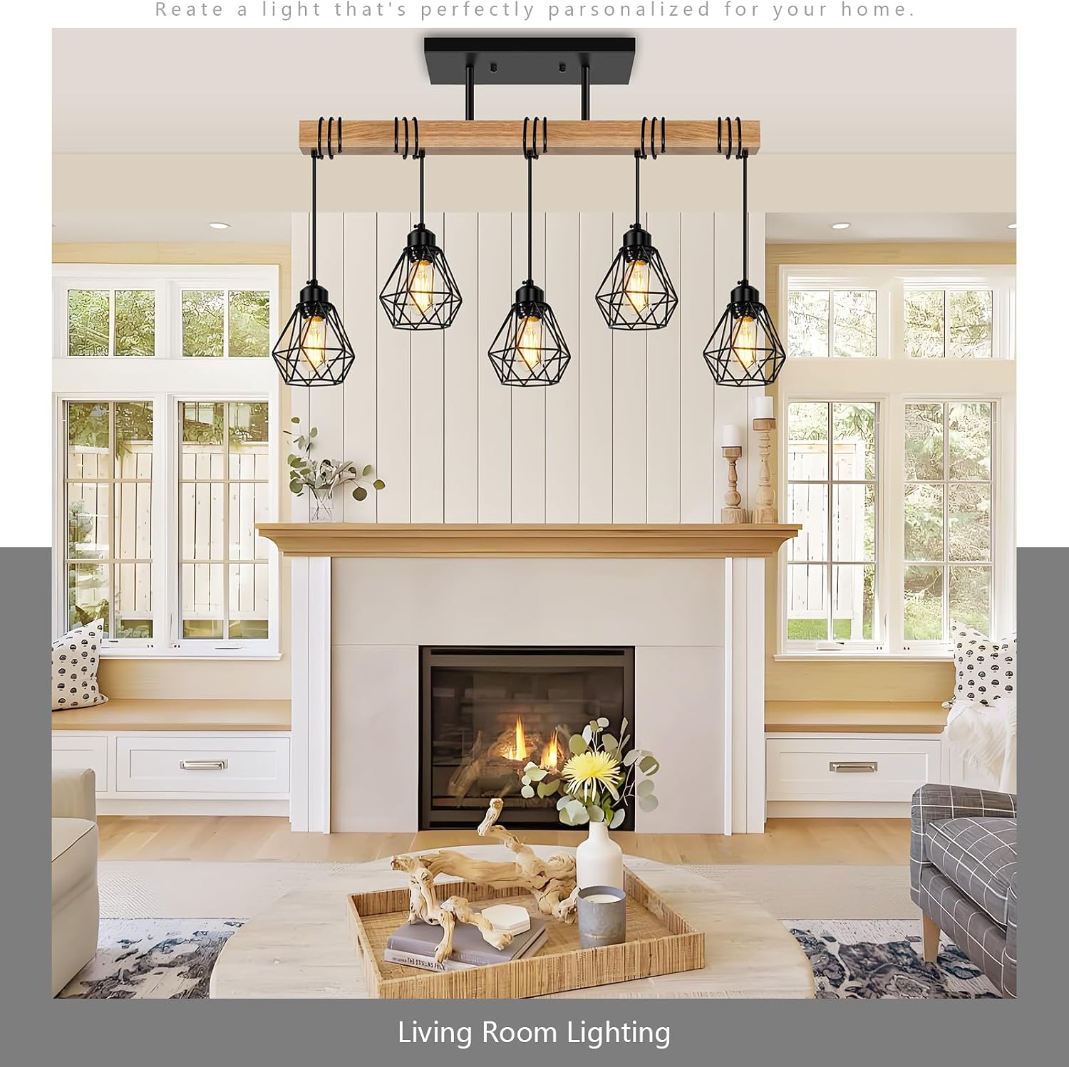 5-Lights Farmhouse Hanging Pendant Light, Dinng Room Light Fixtures for Kitchen Island Lighting Over Table, Black Rustic Wood Ceiling Pendant Lights with Metal Shade for Living Room, Foyer