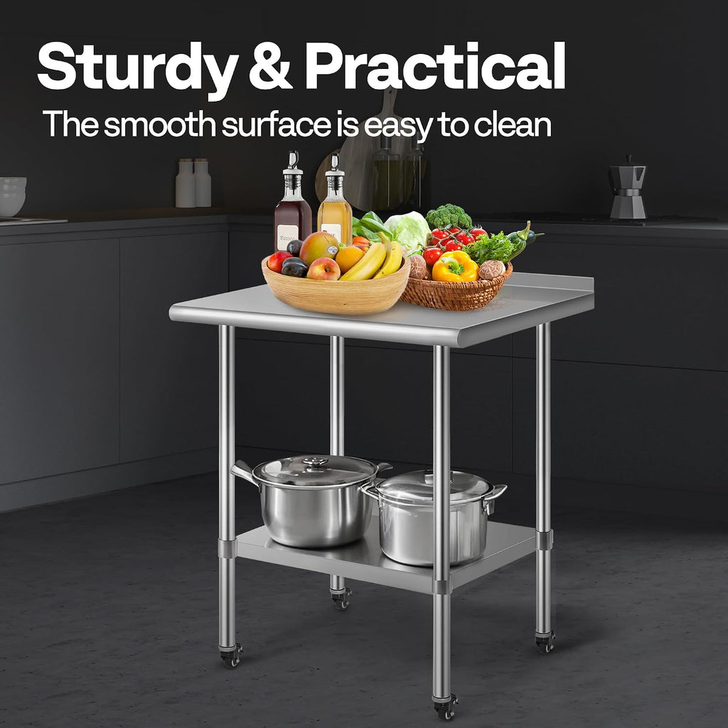 VIVOHOME 24 x 18 Inch Stainless Steel Work Table with Backsplash, Prep Commercial Table with Wheels for Restaurant, Hotel, Home and Warehouse