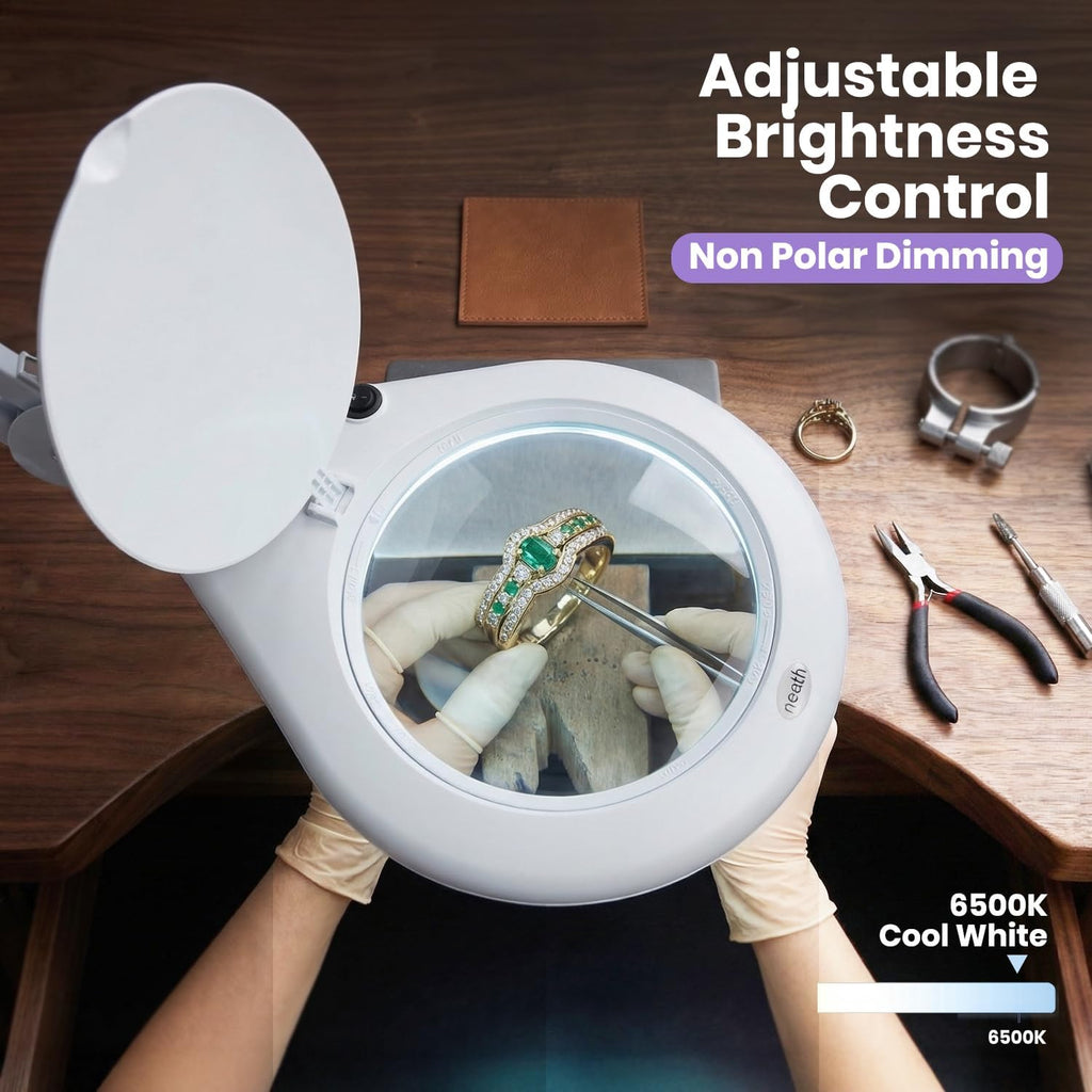 Neatfi Elite XL HD Super LED Magnifying Lamp – 7' Glass Lens, 5-Diopter, 6500K Daylight | Glare-Free, Adjustable Arm | Reading, Sewing & Crafting (White-3, 7-inch Lens, Non-CCT with Clamp)