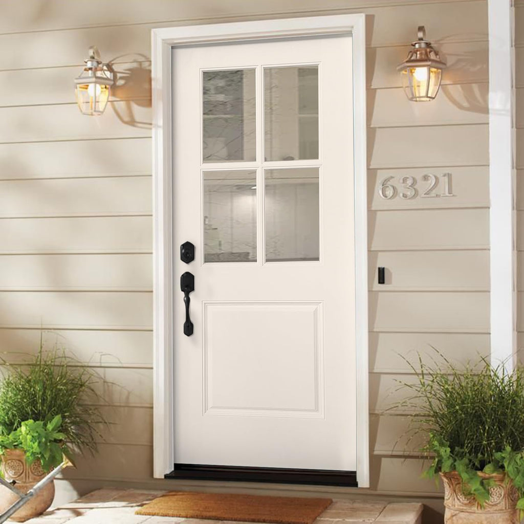 Fiberglass Prehung Door Unit, 36'x80' 4 Lite White, Right Hand Inswing | Sturdy, LVL Stiles, Soundproof, Thermal Insulated, Weather Resistant, Energy Efficient, Clear Glass