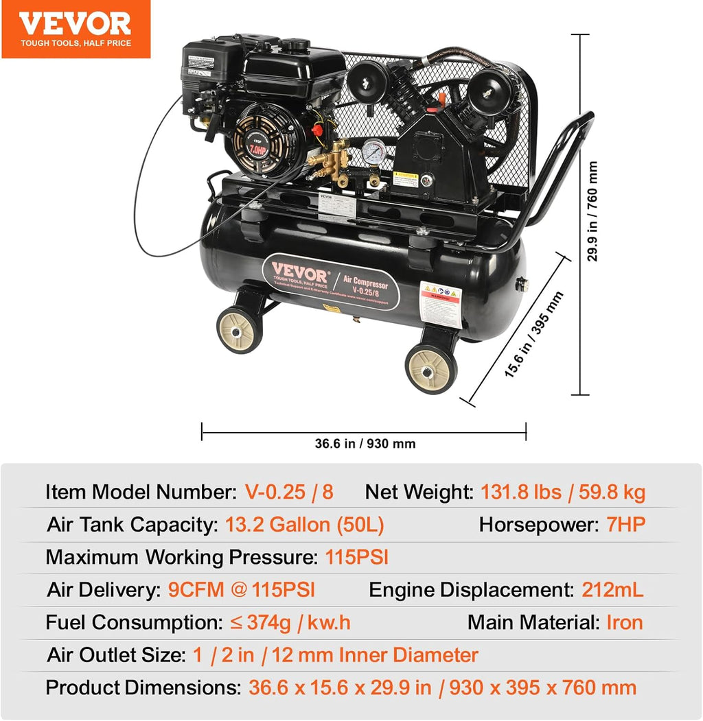 VEVOR 13.2 Gallon Gas Powered Air Compressor, 7HP 9CFM@115PSI Air Compressor Tank on Wheels, Gas Driven Piston Pump Air Compressed System with 115PSI Maximum Pressure for Workshop Construction Sites