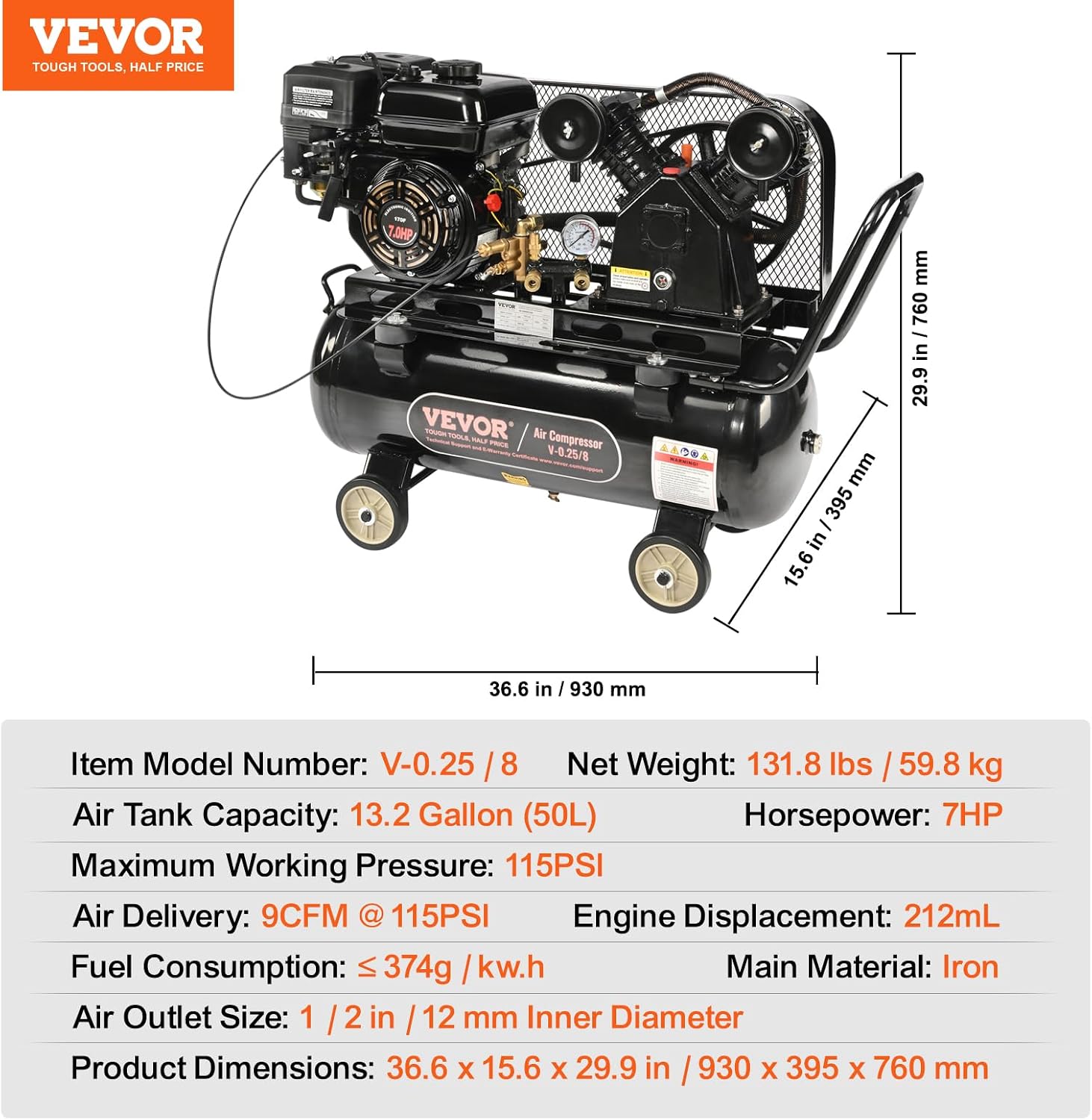 VEVOR 13.2 Gallon Gas Powered Air Compressor, 7HP 9CFM@115PSI Air Compressor Tank on Wheels, Gas Driven Piston Pump Air Compressed System with 115PSI Maximum Pressure for Workshop Construction Sites