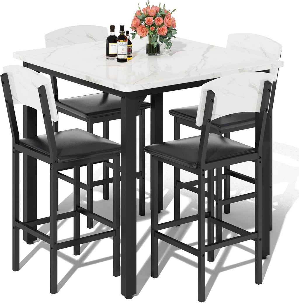 AWQM 5-Piece Dining Table Set, Dining Table Set for 4, Counter Height Table & 4 Bar Stools, Modern Kitchen Dining Set, with Upholstered Chairs, Compact Dining Set for Small Spaces, Marble Texture