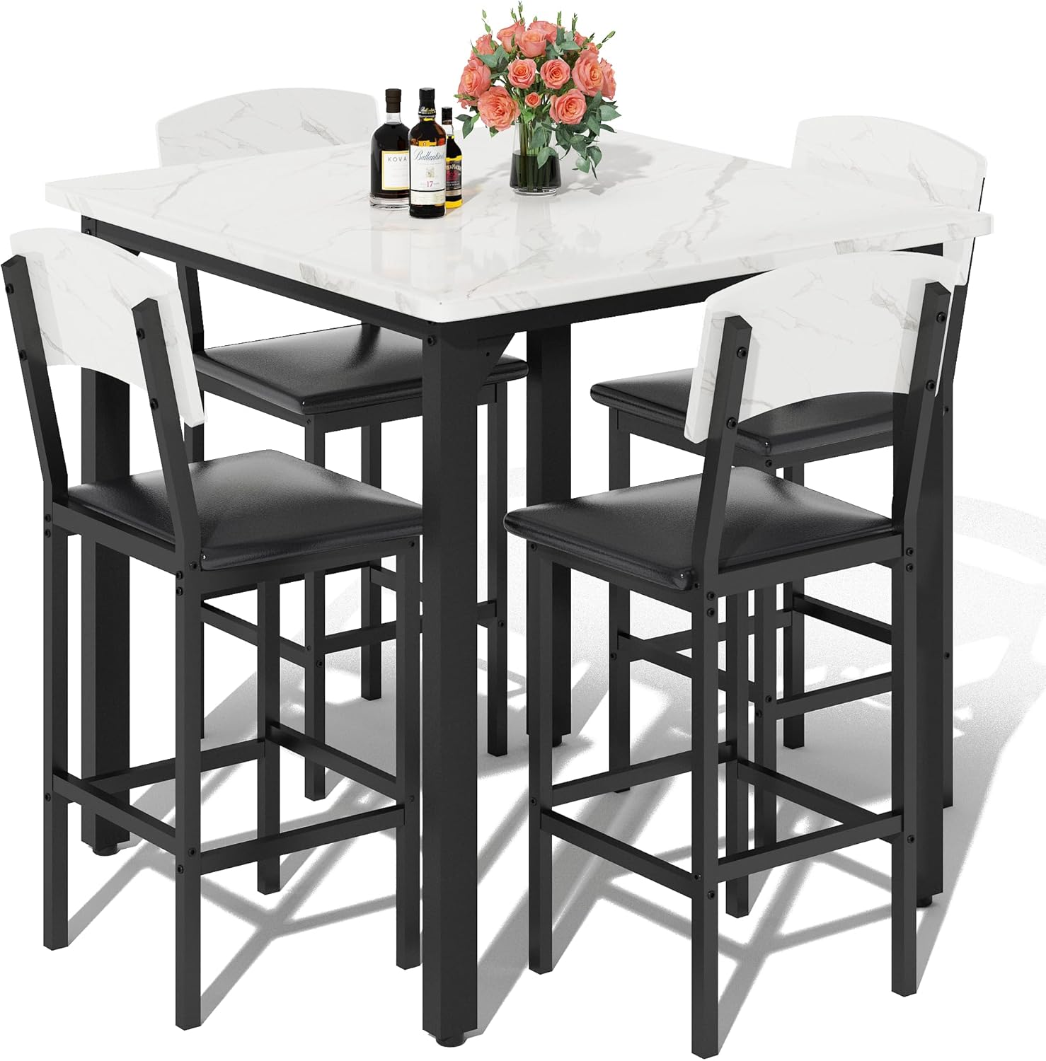 AWQM 5-Piece Dining Table Set, Dining Table Set for 4, Counter Height Table & 4 Bar Stools, Modern Kitchen Dining Set, with Upholstered Chairs, Compact Dining Set for Small Spaces, Marble Texture