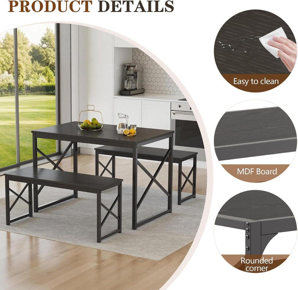 VECELO 43.3' Kitchen Dining Table Set for 4, Heavy-Duty Steel Frame & Wood-Grain Tabletop, Spaving Saving Dinette Sets with 2 Benches for Breakfast Nook and Small Space, Black