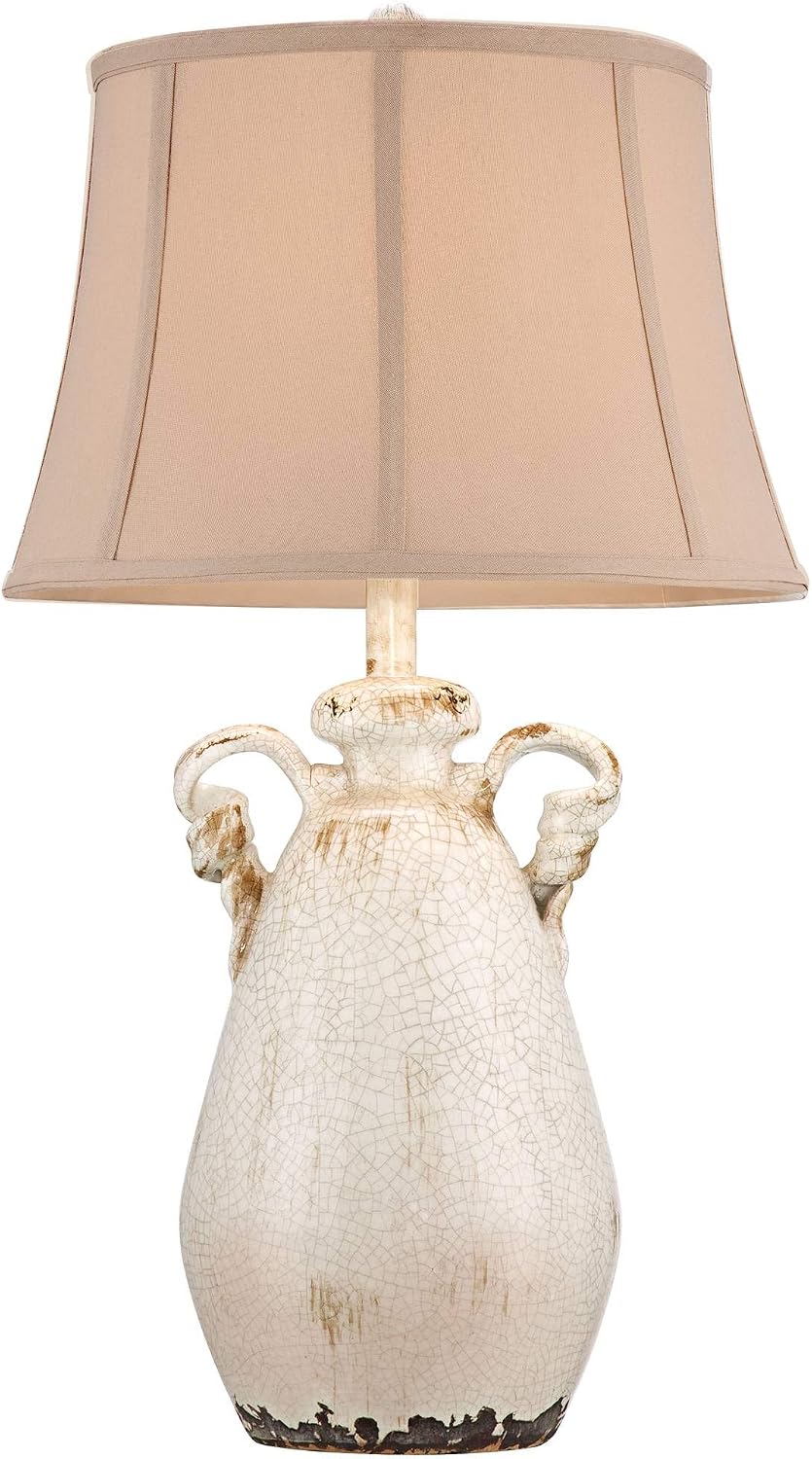 Regency Hill Isabella Rustic Country Cottage Core Table Lamps 29' Tall Set of 2 Crackled Ivory Glaze Ceramic Handles Jar Beige Bell Shade for Bedroom Living Room House Bedside Nightstand Office