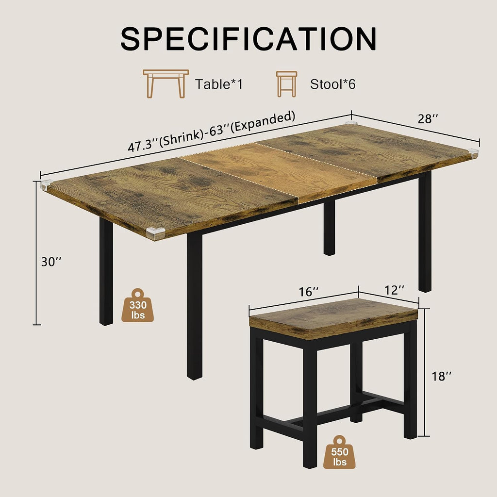 Einhomn 7-Piece Dining Table Set, 63' Extendable Kitchen Room Table with 6 Stools, Mid Century Modern Dinner Table with Metal Frame & MDF Board, Space-Saving, Easy Assembly, Rustic Brown