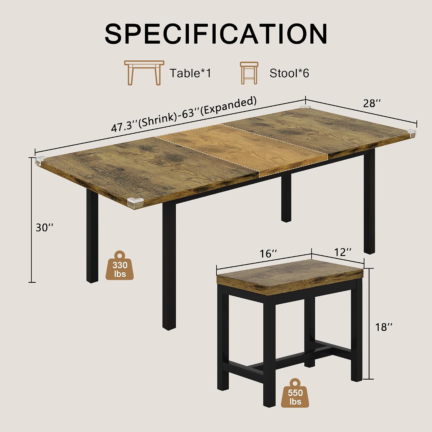Einhomn 7-Piece Dining Table Set, 63' Extendable Kitchen Room Table with 6 Stools, Mid Century Modern Dinner Table with Metal Frame & MDF Board, Space-Saving, Easy Assembly, Rustic Brown