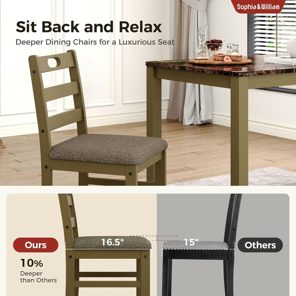 Sophia & William 5 Piece Dining Table Set for 4, Faux Marble Kitchen Table and Chairs Set, Solid Wood Farmhouse Dinner Table Set,Emperador Dark Marble & Olive