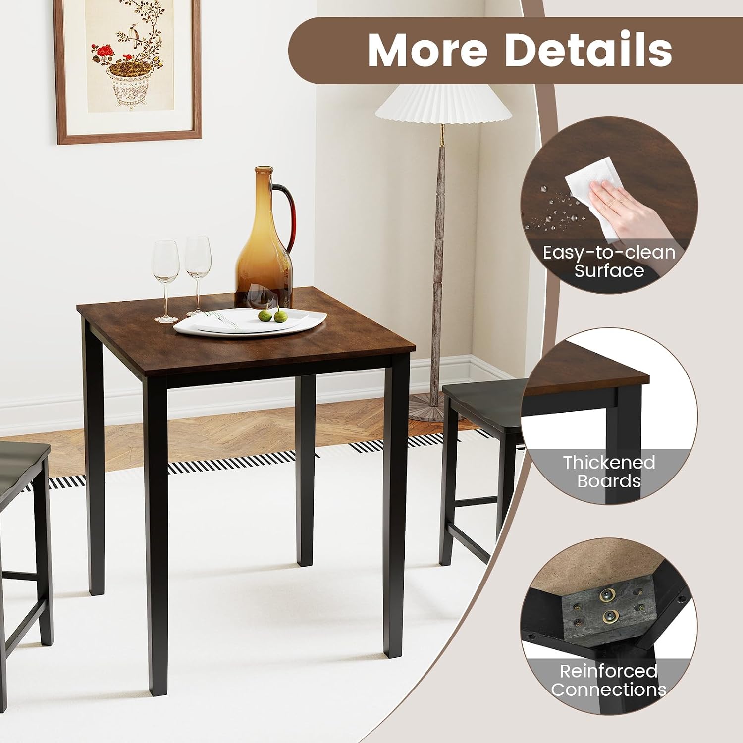 Giantex Square Dining Table for 2-4, 30'x30'x36' Kitchen Table with Solid Rubber Wood Frame, 220lbs Capacity, Space-Saving Dinner Tables for Small Space, Dining Room, Living Room, Pub (Brown + Black)