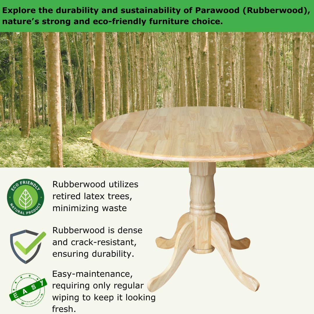 IC International Concepts, 42' Round Dual Drop Leaf Pedestal Dining Table, Solid Real Wood, Sturdy Parawood, Natural
