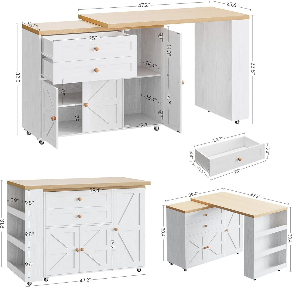 IRONCK Kitchen Island with 360° Swivel Table, 71 inch Rolling Kitchen Island Cart with Storage, Home Bar Table with Spice Rack and Drawers, Mobile Wood Kitchen Island on Wheels, White