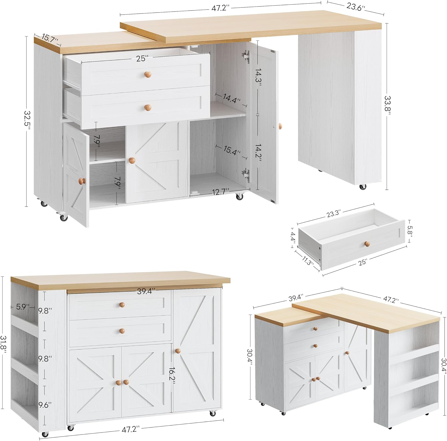 IRONCK Kitchen Island with 360° Swivel Table, 71 inch Rolling Kitchen Island Cart with Storage, Home Bar Table with Spice Rack and Drawers, Mobile Wood Kitchen Island on Wheels, White