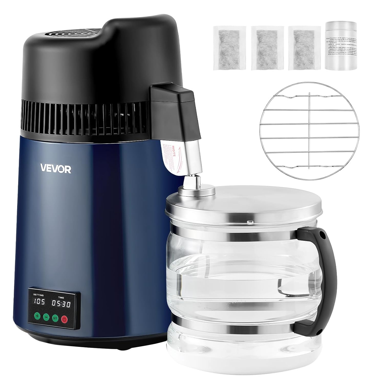 VEVOR Water Distiller, 6L/1.6 Gal Distilled Water Maker Countertop, 900W Distilling Machine with Glass Carafe, 0–99H Timer, Time & Temp Display, 2-Layer 304 Stainless Steel Distill for Home, Navy
