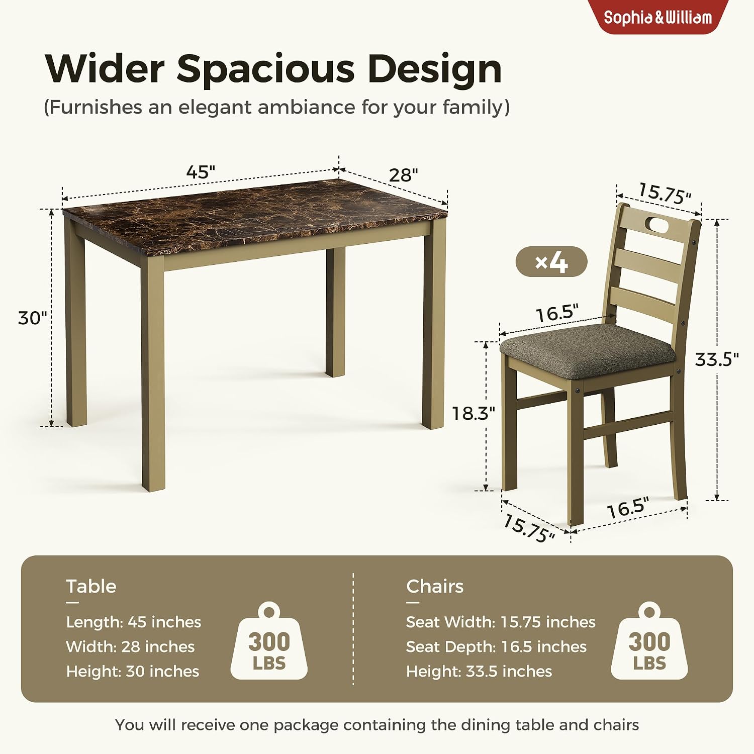 Sophia & William 5 Piece Dining Table Set for 4, Faux Marble Kitchen Table and Chairs Set, Solid Wood Farmhouse Dinner Table Set,Emperador Dark Marble & Olive