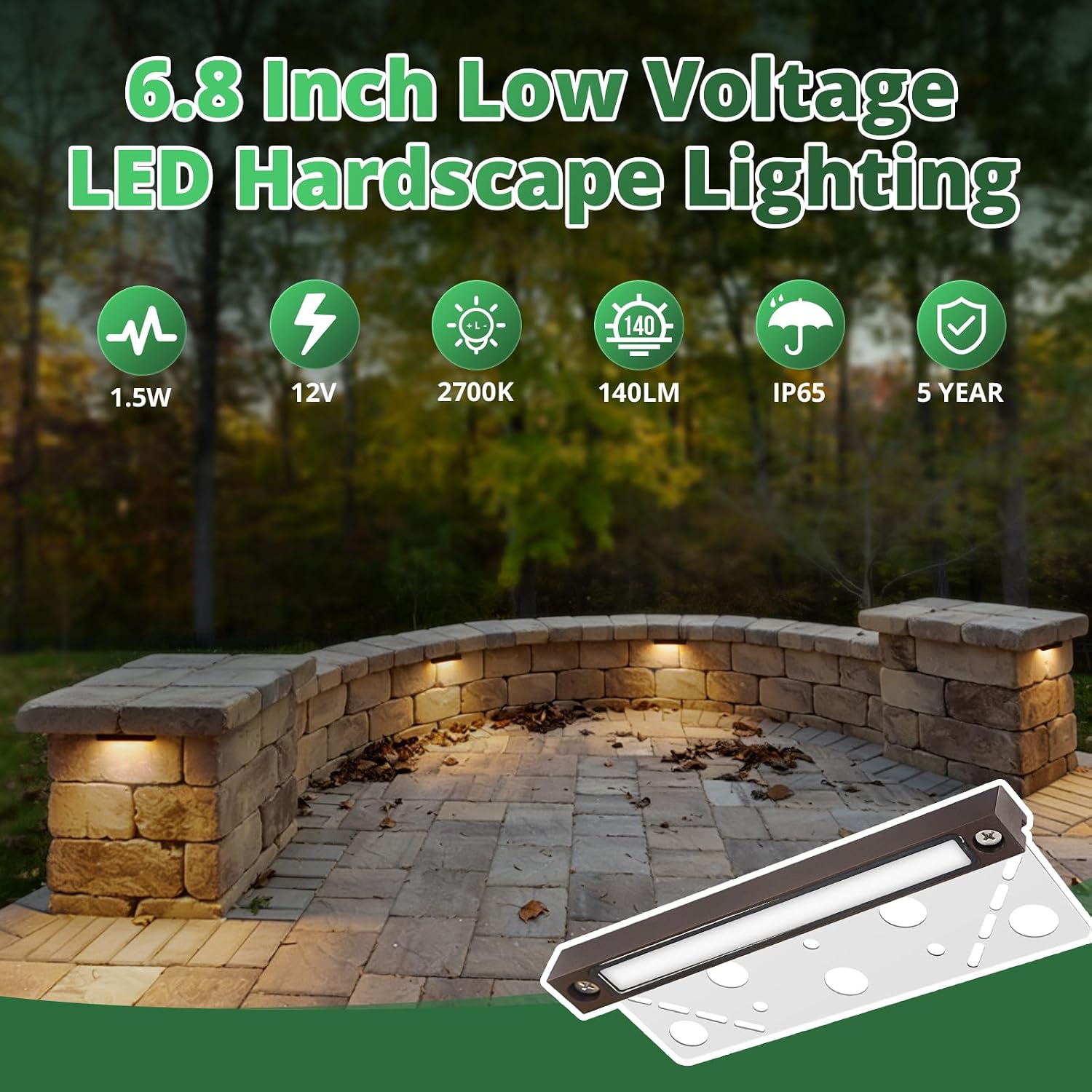 GKOLED 20Pack 6.8 Inches Hardscape Lights, Low Voltage Retaining Wall Lighting with Frosted Lens, 12V AC/DC Paver Light with 1.5W 2700K LED Chips, Outdoor Landscape Step Lights, Die-cast Aluminum
