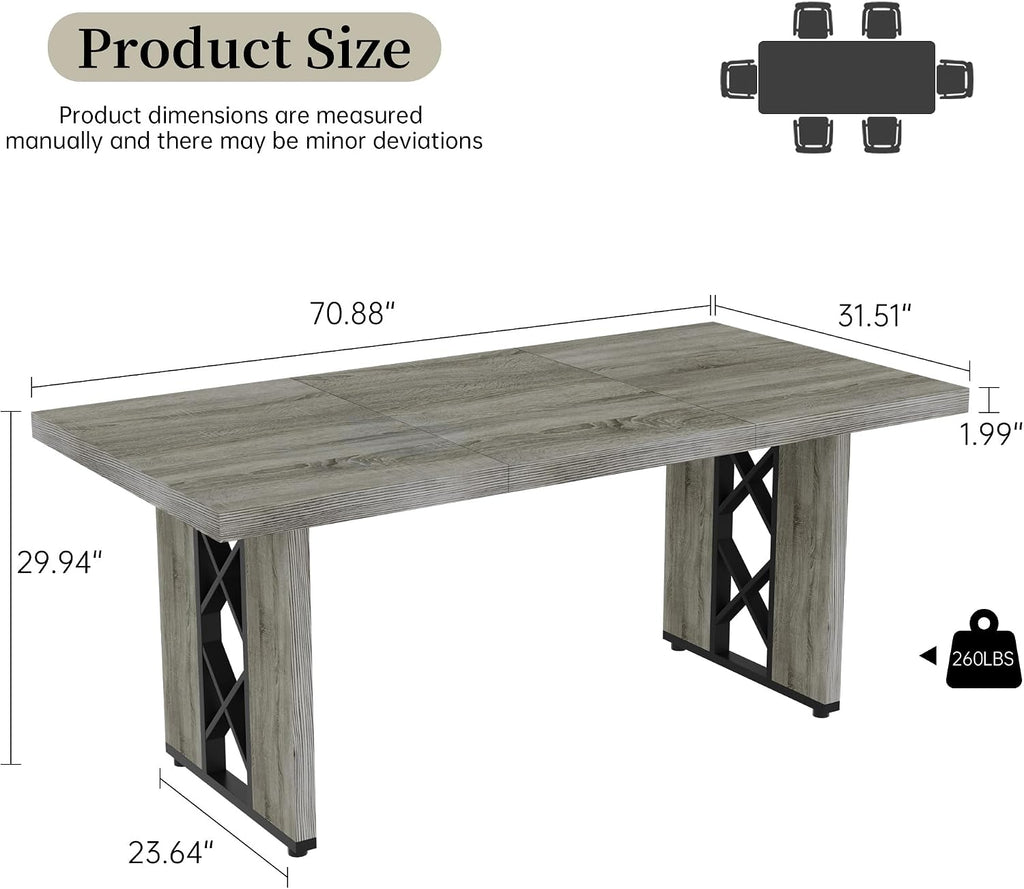 HIPIHOM 70.8' Farmhouse Dining Table for 6 People, Large Rectangle Kitchen Table with Heavy Duty Legs, Industrial Dining Room Furniture for Dinner, Grey