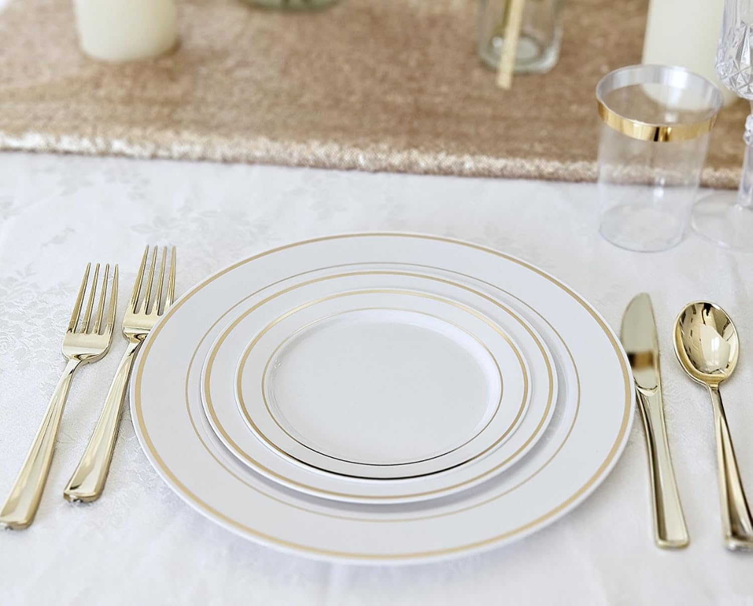 ' OCCASIONS ' 640Piece set (80 Guests)-Heavyweight Wedding Party Disposable Plastic Plate Set -80 x 10.5'' + 80 x 7.5'' + Silverware + Cups +linen like paper Napkins (Ivory & Gold Rim)