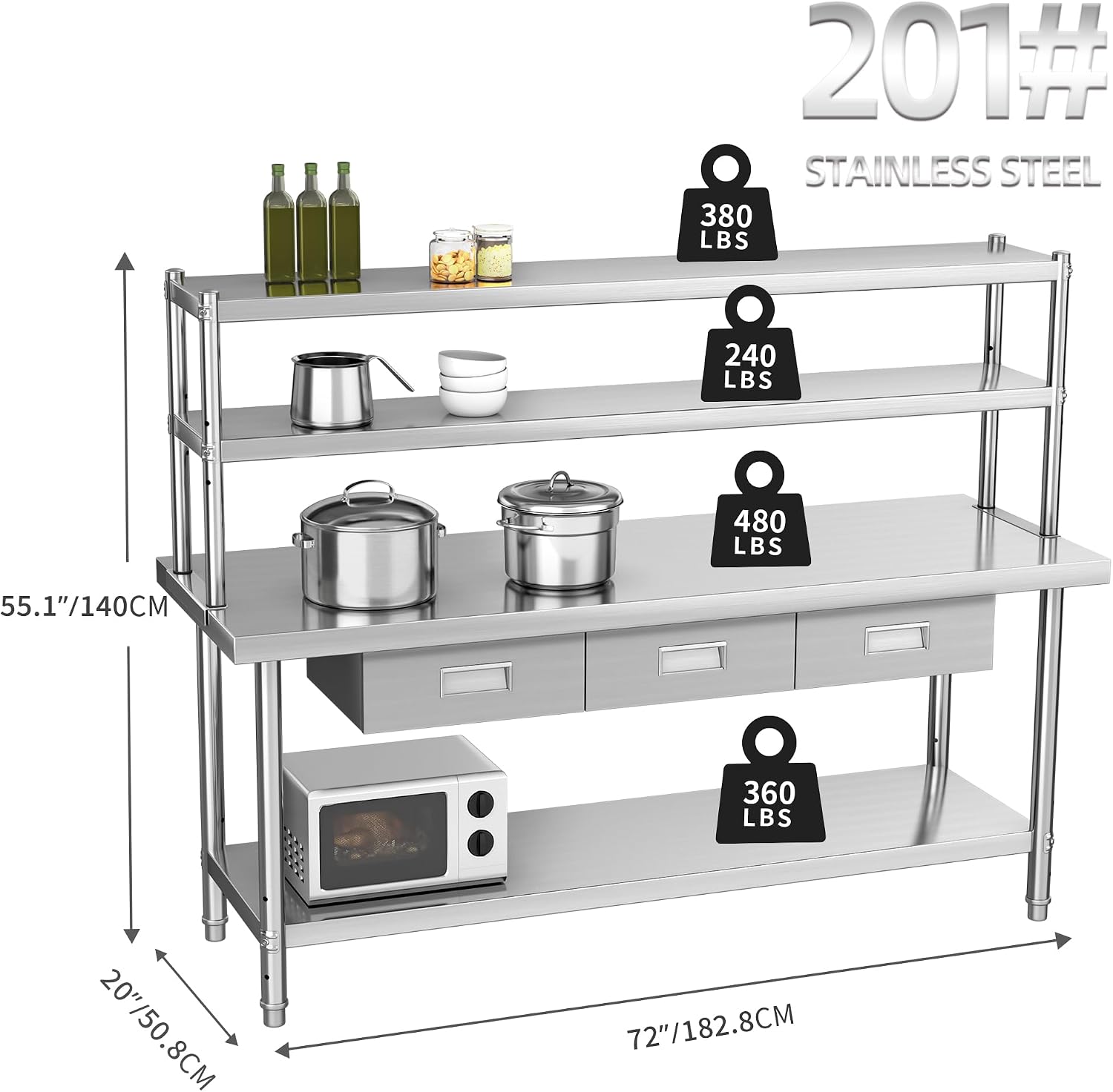 YITAHOME NSF Stainless Steel Table with Overshelves & Drawers, 72' X 24' Worktable with 72' X 12' Shelf & 3 Drawers, Metal Prep Workstation