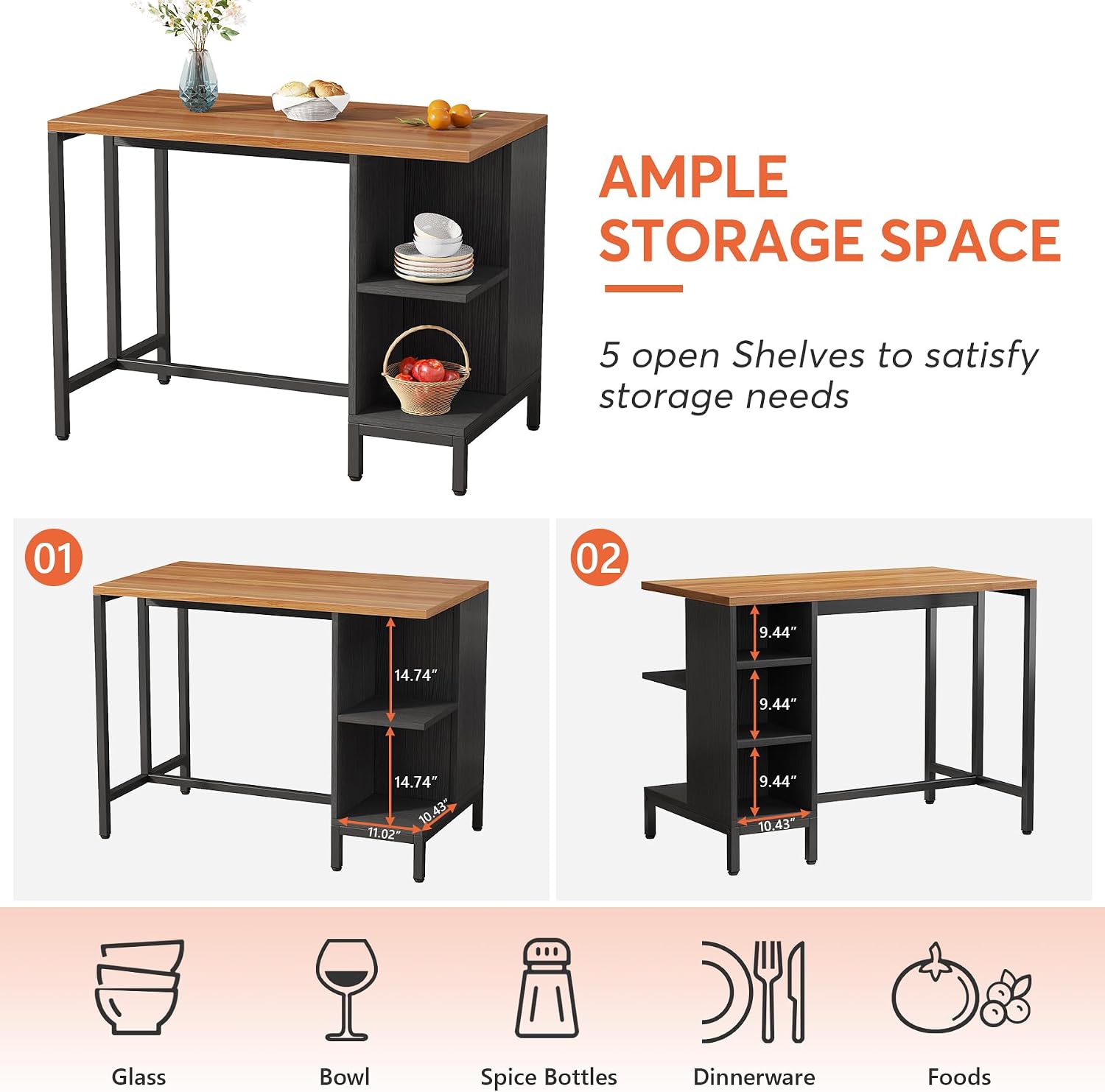 Tribesigns Kitchen Island, Kitchen Shelf Bar Table with 5 Open Storage Shelves and Large Worktop, Industrial Butcher Block Island (Stools Not Included)