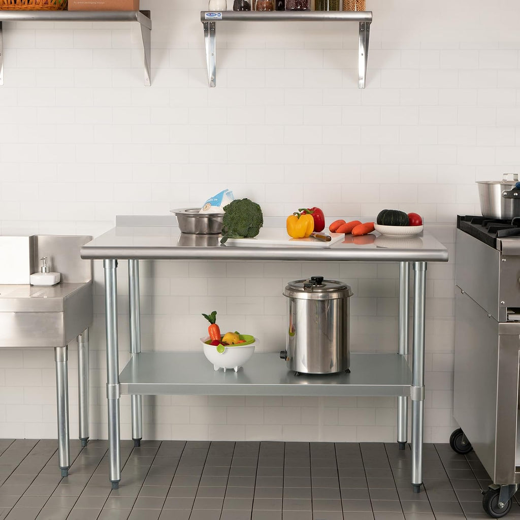 HARDURA Stainless Steel Prep & Work Table 30 x 48 Inches NSF Heavy Duty Commercial with Undershelf and Backsplash, Galvanized Legs for Commercial Food Prep