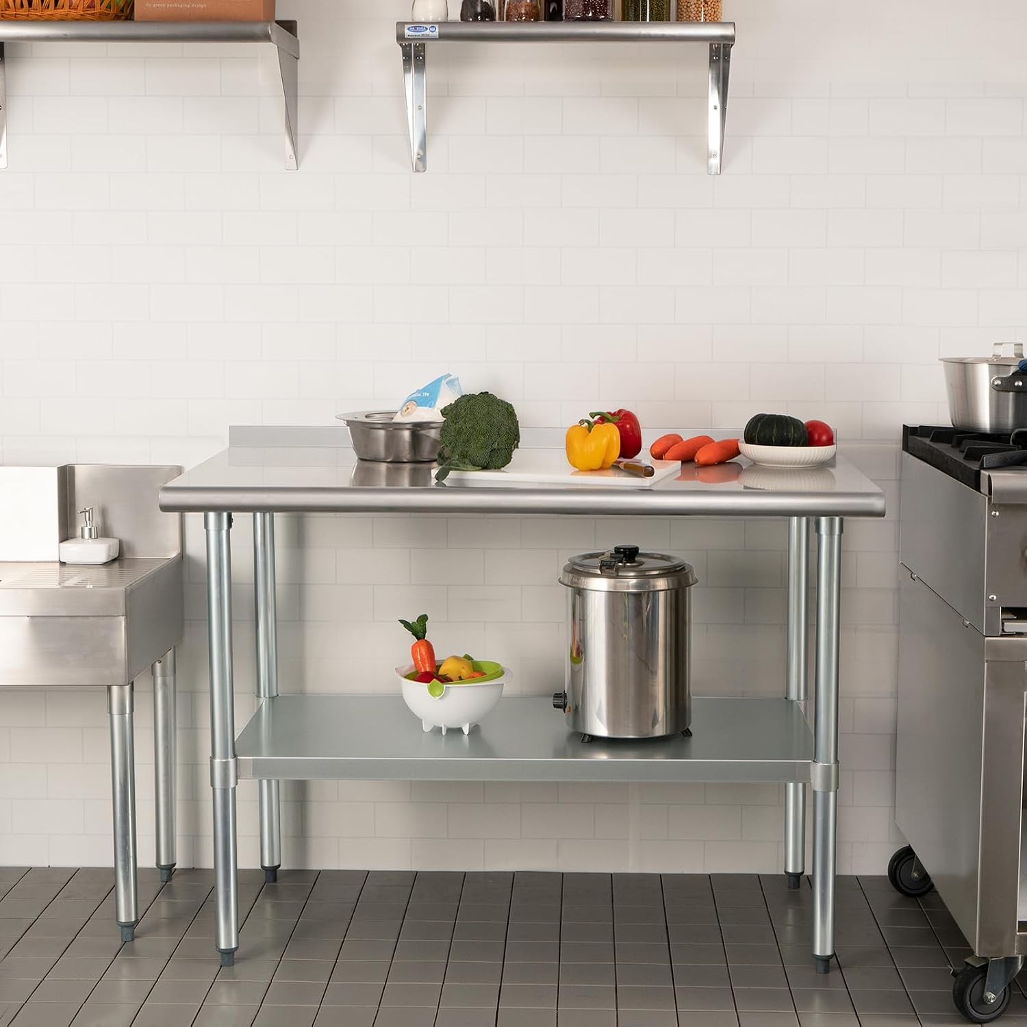 HARDURA Stainless Steel Prep & Work Table 30 x 48 Inches NSF Heavy Duty Commercial with Undershelf and Backsplash, Galvanized Legs for Commercial Food Prep