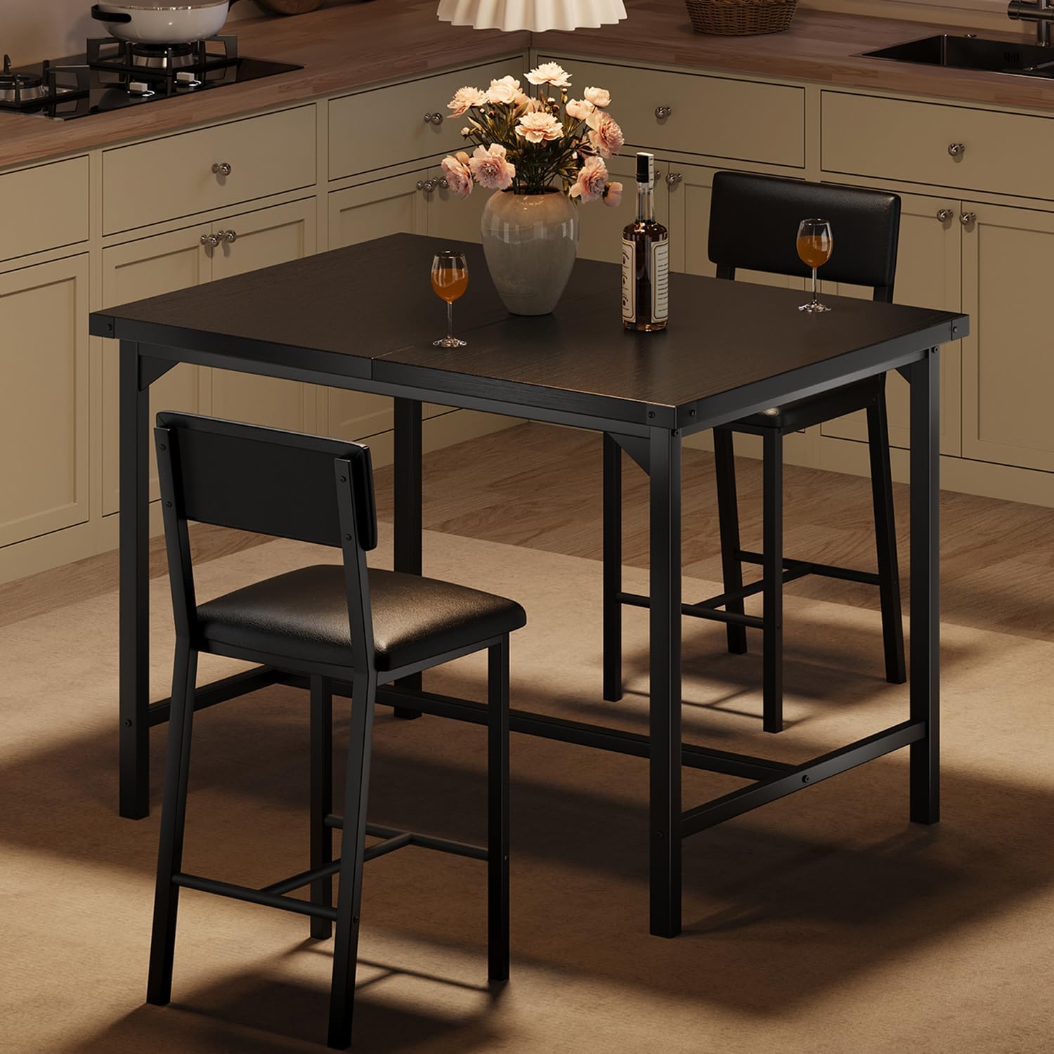 GarveeHome Dining Table Set for 2 with Corner Protector, Kitchen Table Set w/Footrest & Backrest, Counter Height Table with 2 Upholstered Bar Chairs, for Small Space, Retro Black
