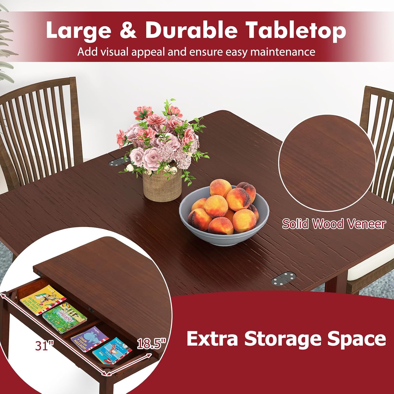 Tangkula 40' Foldable Dining Table, Kitchen Table w/Solid Rubber Wood Legs, Dual Drop Leaf Design, Farmhouse Diner Table for 2-4 People, Dining Room, Living Room, Restaurant (Rectangle)