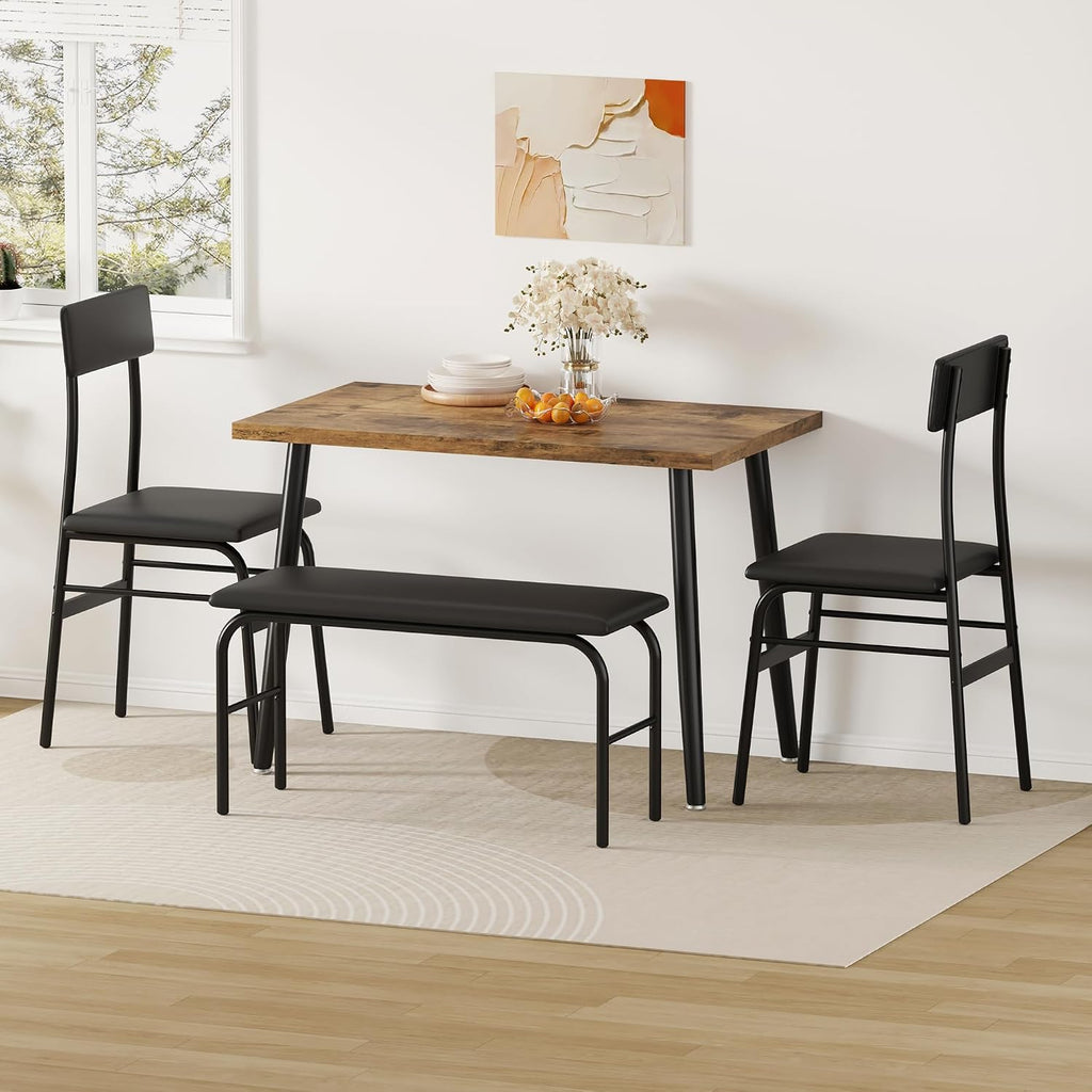 IDEALHOUSE Dining Table Set for 4, 4 Piece Kitchen Table Set with Upholstered Bench & 2 Chairs, Breakfast Table for Samll Space, Dining Room, Apartment, Restaurant, Rustic Brown