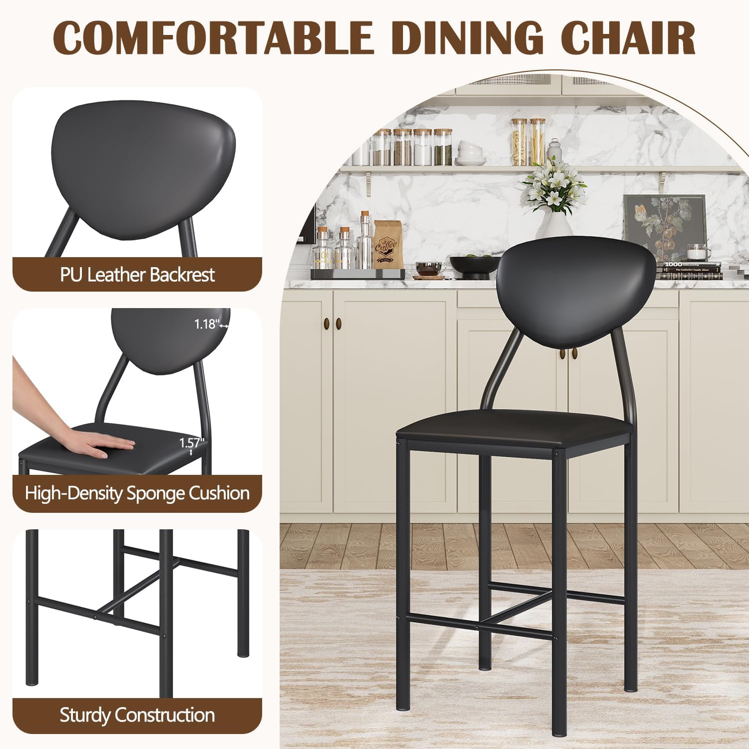 EROMMY Dining Table Set for 4, Modern Kitchen Table and Chairs with PU Leather Upholstery, Wood Dining Table with Chairs for Small Space, Dining Room, Brown